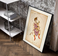 Auriga constellation charioteer holding goat poster in a black frame leaning beside a shelf in a raw-plaster loft