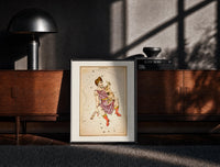 Black-framed Auriga constellation charioteer holding goat print on a moody console with designer coffee-table books
