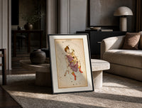 Auriga constellation charioteer holding goat print in a black frame leaning on a travertine table in a sunlit lounge
