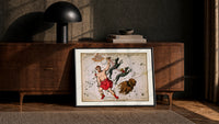 Bootes constellation star chart with Hercules figure print in a black frame leaning against a walnut console in lamplight