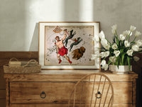 Bootes constellation star chart with Hercules figure print in an oak frame on a farmhouse dresser beside white tulips