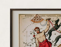 Close-up of the Bootes constellation star chart with Hercules figure print's dark wood frame corner and archival matte paper