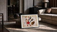 Bootes constellation star chart with Hercules figure print in a slim black frame leaning on a travertine coffee table