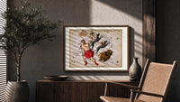 Bootes constellation star chart with Hercules figure print in a wood frame above a fluted sideboard beside an olive tree
