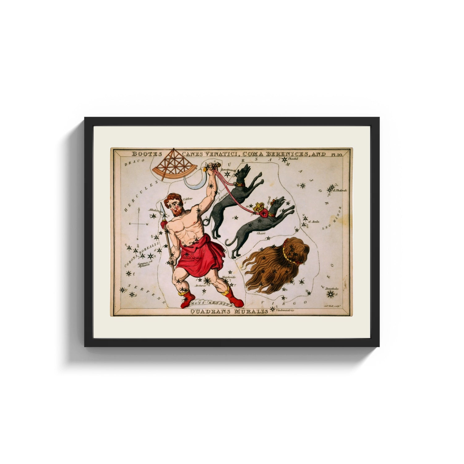 Framed Bootes constellation star chart with Hercules figure print shown as a wide statement piece on a clean white wall