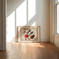 Bootes constellation star chart with Hercules figure print in an oak frame on a sunlit wood floor beneath tall window light