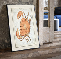 Cancer crab zodiac constellation illustration print in a black frame leaning beside a vintage door on parquet