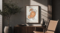 Cancer crab zodiac constellation illustration poster framed above a fluted sideboard beside an olive tree