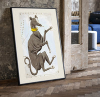 Canis Major dog constellation figure print in a black frame leaning beside a vintage door on parquet