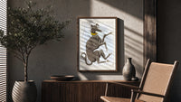 Canis Major dog constellation figure poster framed above a fluted sideboard beside an olive tree