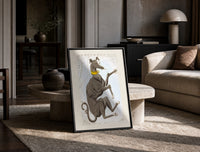 Canis Major dog constellation figure print in a black frame leaning on a travertine table in a sunlit lounge