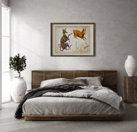 Canis Major, Lepus, Columba constellations chart print in a dark wood frame above a rattan bed on a plaster wall