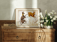 Canis Major, Lepus, Columba constellations chart print in an oak frame on a farmhouse dresser beside white tulips