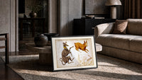 Canis Major, Lepus, Columba constellations chart print in a slim black frame leaning on a travertine coffee table