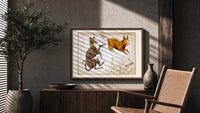 Canis Major, Lepus, Columba constellations chart print in a wood frame above a fluted sideboard beside an olive tree