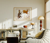 Canis Major, Lepus, Columba constellations chart print in an oak frame above a mid-century book console with a vintage radio