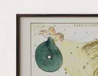 Close-up of the Capricornus sea-goat constellation figure print's dark wood frame corner and archival matte paper