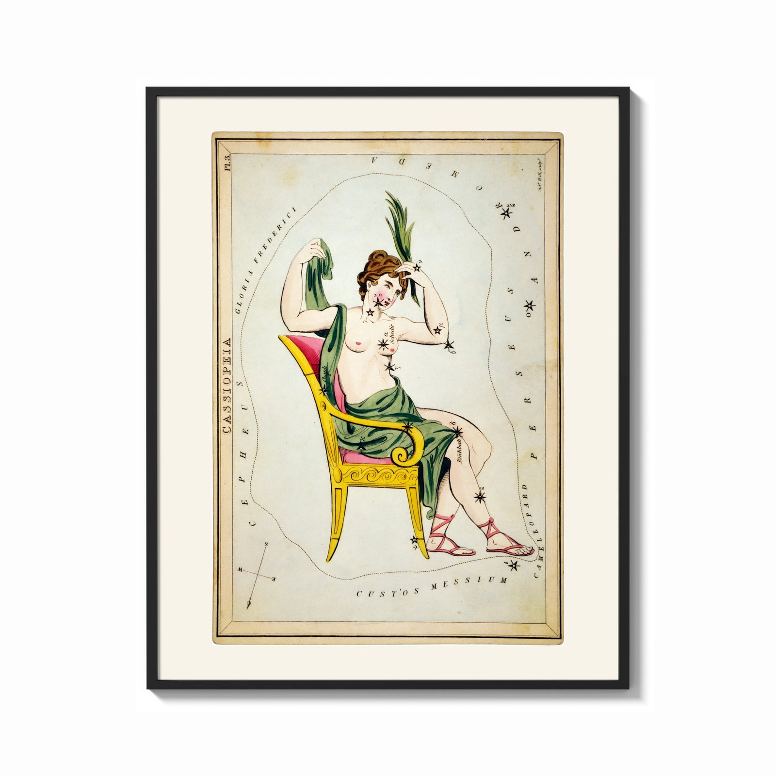 Framed Cassiopeia constellation seated woman figure print shown as a bold statement piece on a clean gallery wall