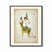 Framed Cassiopeia constellation seated woman figure print shown as a bold statement piece on a clean gallery wall