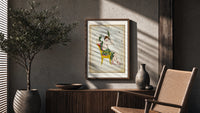 Cassiopeia constellation seated woman figure poster framed above a fluted sideboard beside an olive tree