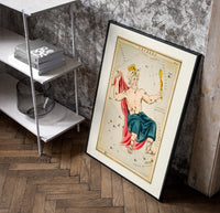 Crowned king constellation figure Cepheus poster in a black frame leaning beside a shelf in a raw-plaster loft