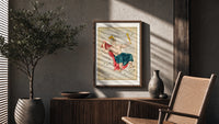 Crowned king constellation figure Cepheus poster framed above a fluted sideboard beside an olive tree