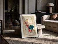 Crowned king constellation figure Cepheus print in a black frame leaning on a travertine table in a sunlit lounge