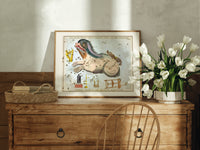 Cetus the whale constellation chart print in an oak frame on a farmhouse dresser beside white tulips