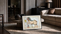 Cetus the whale constellation chart print in a slim black frame leaning on a travertine coffee table