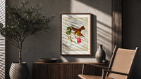 Antinous, eagle and dolphin constellations poster framed above a fluted sideboard beside an olive tree