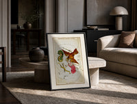 Antinous, eagle and dolphin constellations print in a black frame leaning on a travertine table in a sunlit lounge