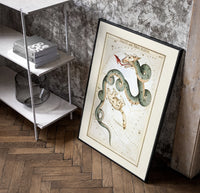 Draco dragon and Ursa Minor bear constellations poster in a black frame leaning beside a shelf in a raw-plaster loft