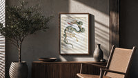 Draco dragon and Ursa Minor bear constellations poster framed above a fluted sideboard beside an olive tree