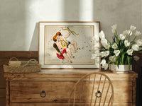 Gemini twins constellation figures with lyre print in an oak frame on a farmhouse dresser beside white tulips