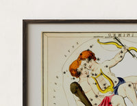 Close-up of the Gemini twins constellation figures with lyre print's dark wood frame corner and archival matte paper