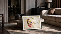 Gemini twins constellation figures with lyre print in a slim black frame leaning on a travertine coffee table