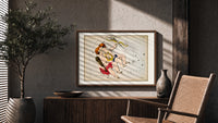 Gemini twins constellation figures with lyre print in a wood frame above a fluted sideboard beside an olive tree