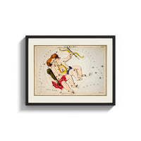 Framed Gemini twins constellation figures with lyre print shown as a wide statement piece on a clean white wall