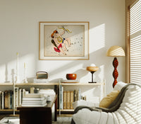 Gemini twins constellation figures with lyre print in an oak frame above a mid-century book console with a vintage radio