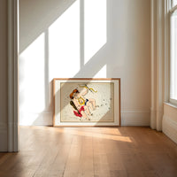 Gemini twins constellation figures with lyre print in an oak frame on a sunlit wood floor beneath tall window light