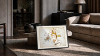 Hercules constellation star map figure print in a slim black frame leaning on a travertine coffee table