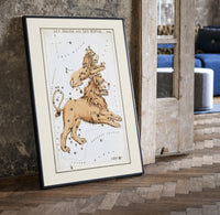 Leo Major and Leo Minor constellations print in a black frame leaning beside a vintage door on parquet