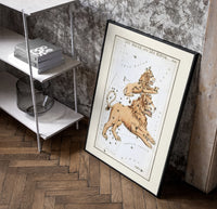 Leo Major and Leo Minor constellations poster in a black frame leaning beside a shelf in a raw-plaster loft