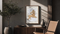 Leo Major and Leo Minor constellations poster framed above a fluted sideboard beside an olive tree