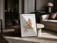 Leo Major and Leo Minor constellations print in a black frame leaning on a travertine table in a sunlit lounge