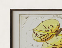 Close-up of the Libra constellation balance scales chart print's dark wood frame corner and archival matte paper