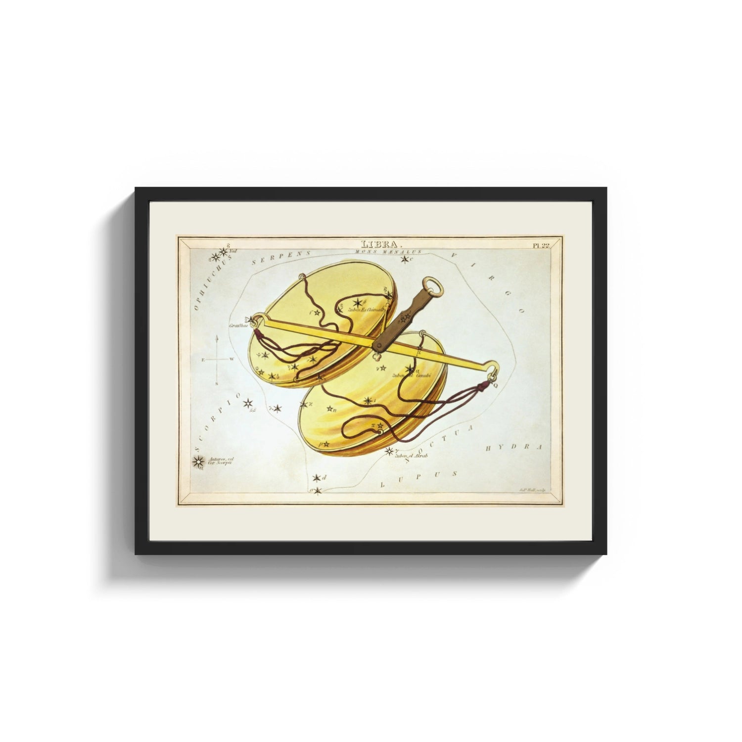 Framed Libra constellation balance scales chart print shown as a wide statement piece on a clean white wall