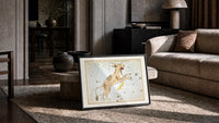 Lynx constellation celestial star chart print in a slim black frame leaning on a travertine coffee table