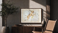 Lynx constellation celestial star chart print in a wood frame above a fluted sideboard beside an olive tree