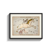 Framed Unicorn and dog constellation illustration print shown as a wide statement piece on a clean white wall